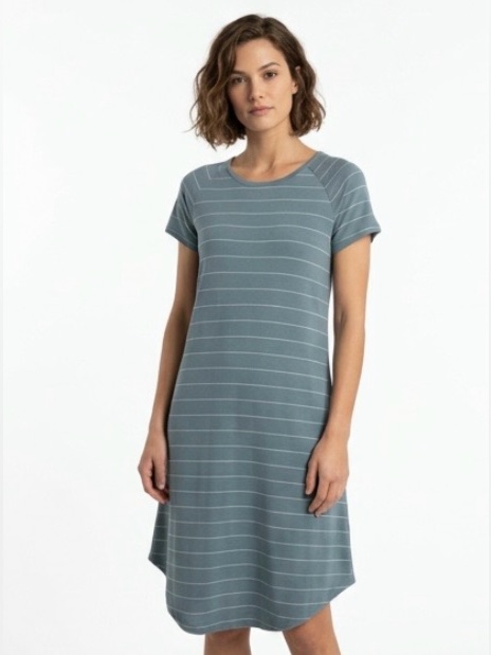 FREE FLY Dress Knit Dockside Blue Gray Striped Shift Tee Shirt Small